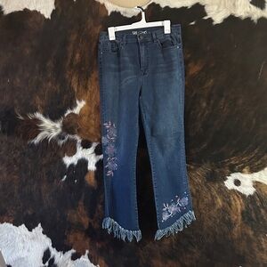 DG2 by Diane Gilman Dark Blue Embroidered Fringe Hem Jeans